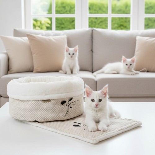 PUFFY Wyprawka | legowisko i kocyk dla kota , średnica 45 cm , DOT KREMOWY