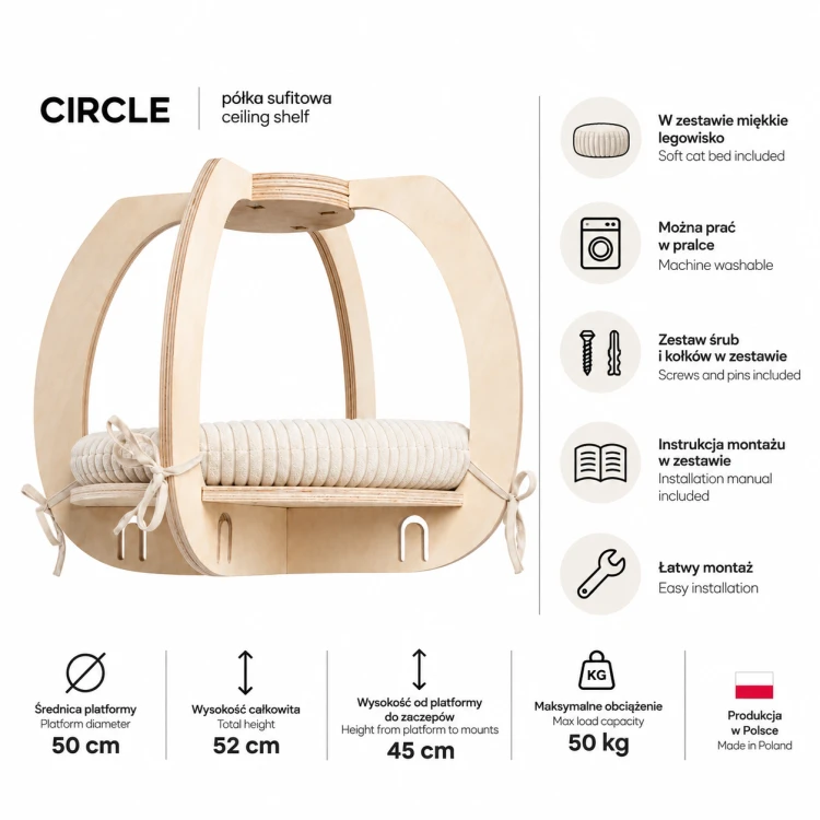 Półka dla kota na sufit | park linowy dla kota | designerska półka CIRCLE L
