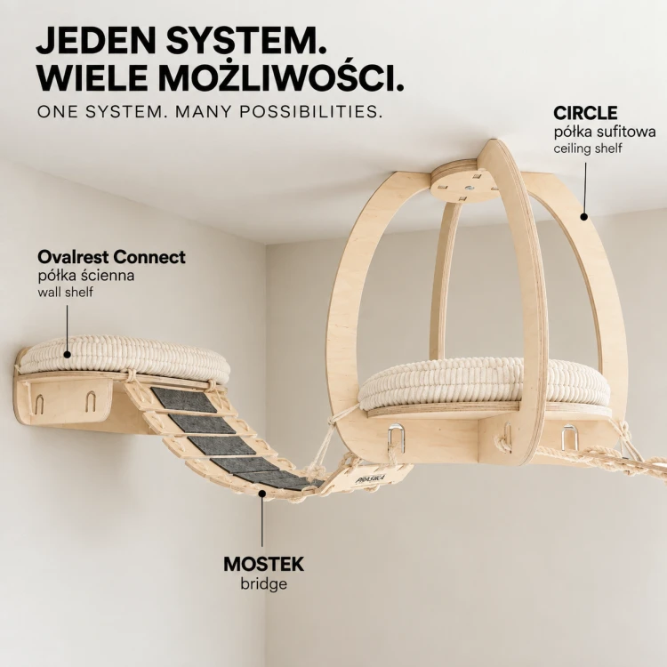 Półka dla kota na sufit | designerska półka CIRCLE XL z legowiskiem GNIAZDKO