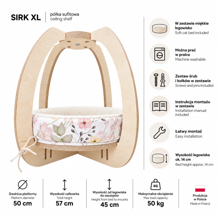 Półka dla kota na sufit | designerska półka CIRCLE XL z legowiskiem GNIAZDKO