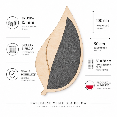 Drapak na ścianę dla dużego kota - LIŚĆ z filcem | 100 cm