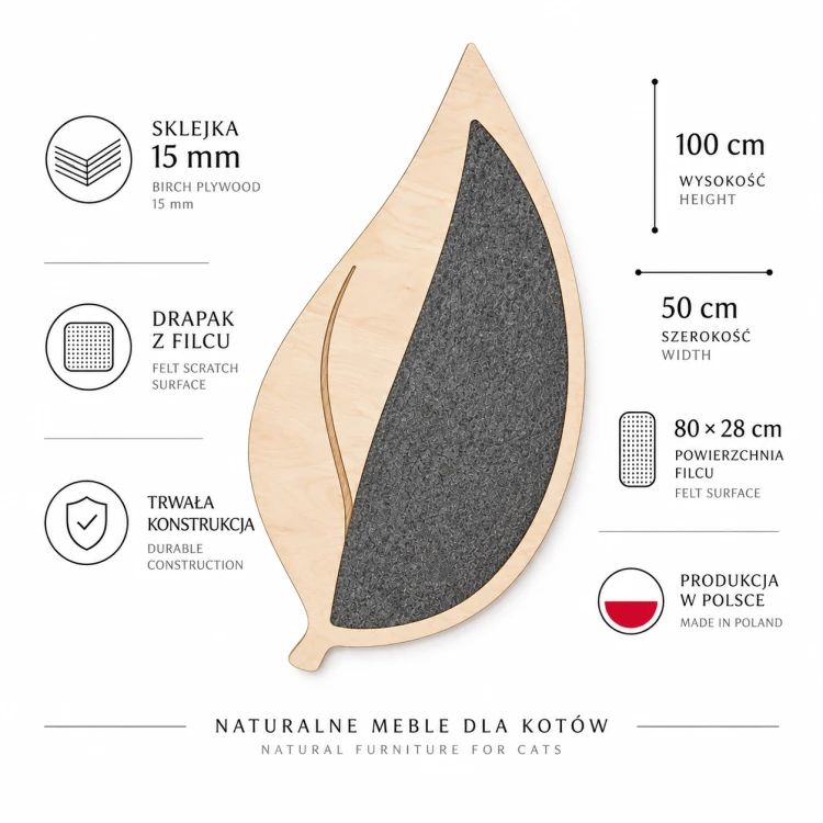 Drapak na ścianę dla dużego kota - LIŚĆ z filcem | 100 cm