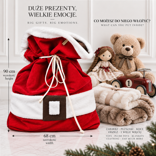 Santa’s Gift Sack – duży świąteczny worek na prezenty XL | 90× 68 cm