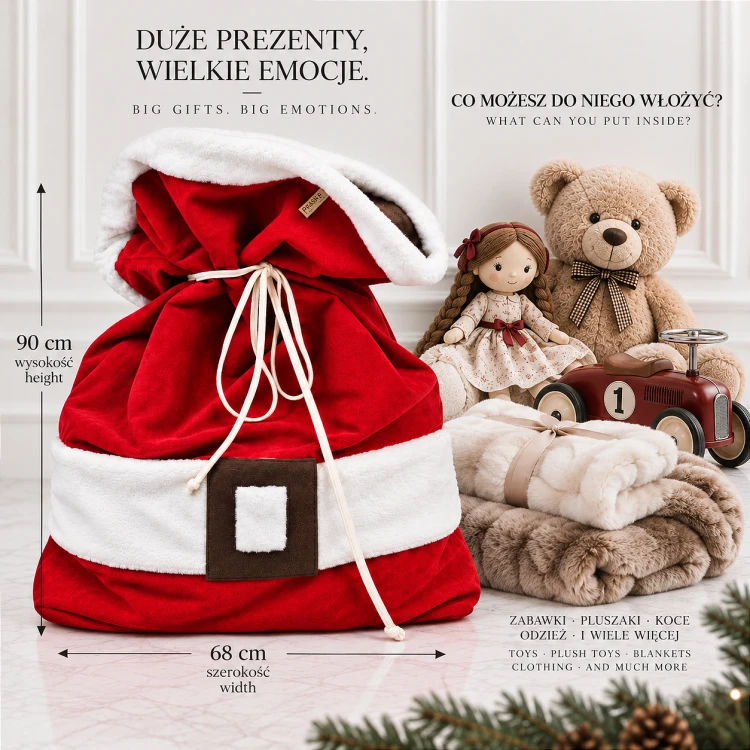 Santa’s Gift Sack – duży świąteczny worek na prezenty XL | 90× 68 cm