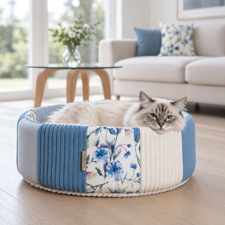 Legowisko dla kota PATCHWORK AQUA | stabilne, eleganckie gniazdko