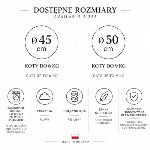 Legowisko dla kota PRASKA, dostępne rozmiary 45 cm dla kotów do 6 kg i 50 cm dla kotów do 9 kg. Infografika z wymiarami i właściwościami produktu..png