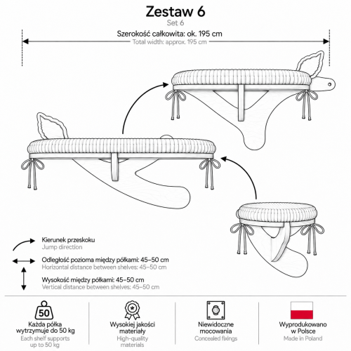 Drapak dla dużego kota na ścianę | zestaw półek dla kota | ZESTAW 6